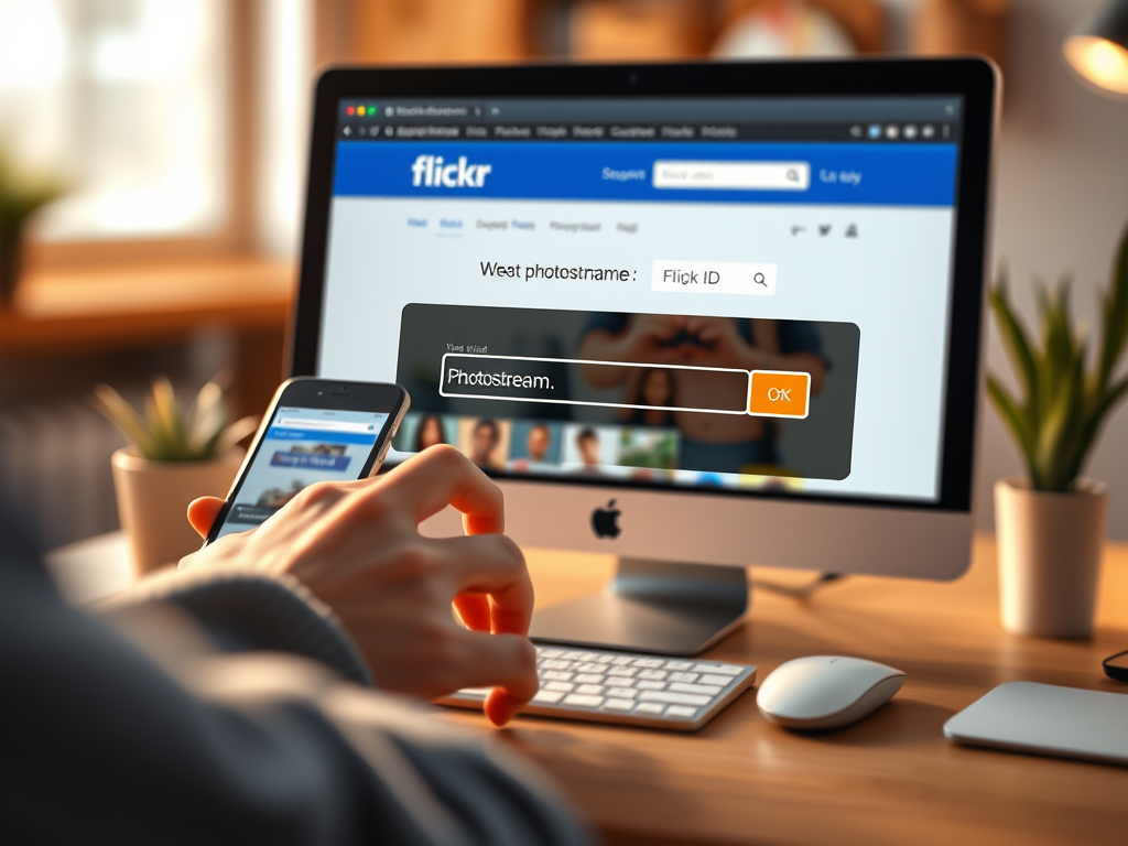 En person använder en mobiltelefon för att söka efter sitt Flickr ID på en dator med Flickr-webbplatsen öppen, där de fyller i namnet på sin Photostream.