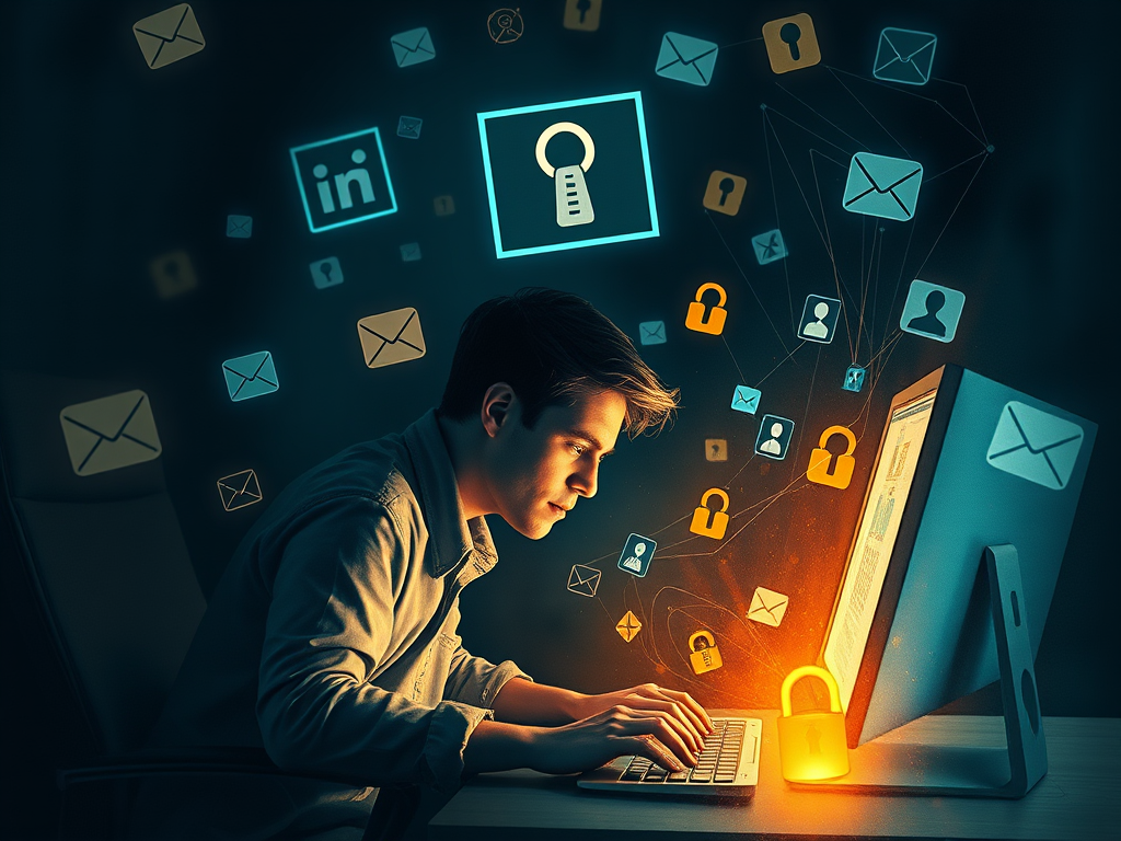 En man arbetar koncentrerat vid en dator med en låsikon och olika meddelandeikoner som svävar runt omkring.