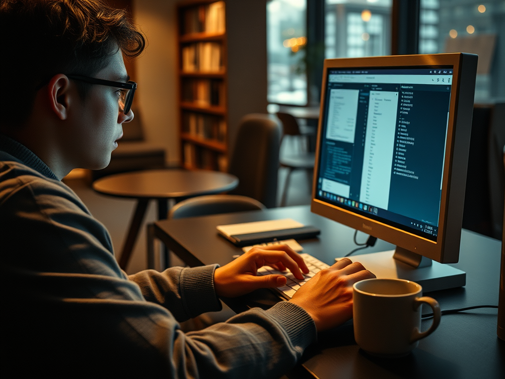 En person som arbetar vid en dator i ett mysigt, dämpat upplyst rum med bokhyllor i bakgrunden. Personen skriver på ett tangentbord och har en kaffekopp bredvid sig.