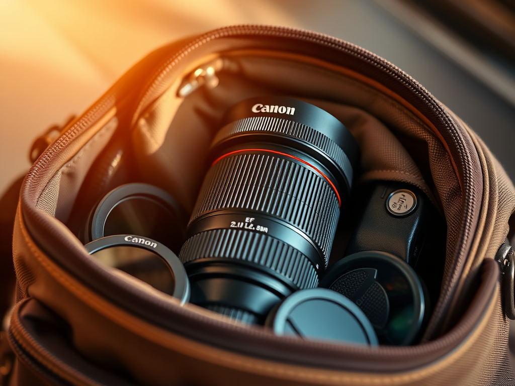 En närbild av ett Canon EF 200mm f/2,8 objektiv placerat i en kameraväska tillsammans med filter och en kamerakontroll.