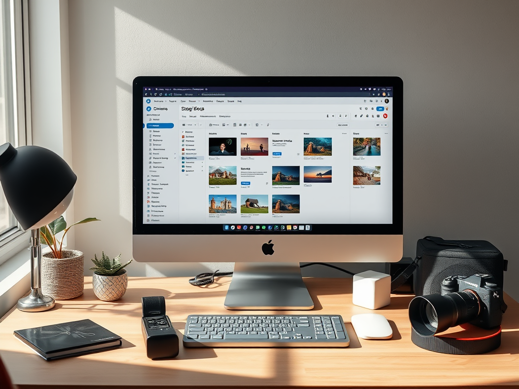 En skrivbordsmiljö med en iMac-dator som visar en filhanterare, omgiven av en skrivbordslampa, växt, anteckningsbok, extern hårddisk och en kamera.