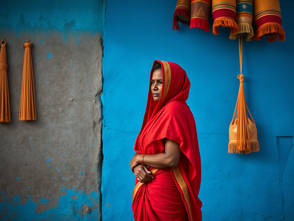 En kvinna i en röd sari står framför en blå vägg, omgiven av färgglada hängen. Hennes ansiktsuttryck utstrålar eftertänksamhet.