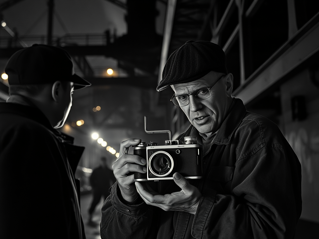 En svartvitt bild av en fotograf som håller en kamera i handen, med en annan person, delvis synlig, i bakgrunden. Fotot utstrålar en känsla av nostalgi och dokumentärkonst.